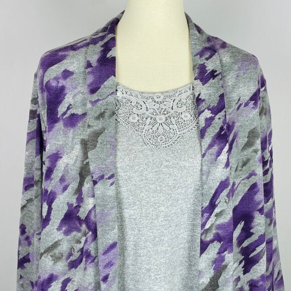 Alfred Dunner Faux Twinset Sz 2X Purple Gray Abstract Floral Lace Sequin Office - Picture 2 of 7